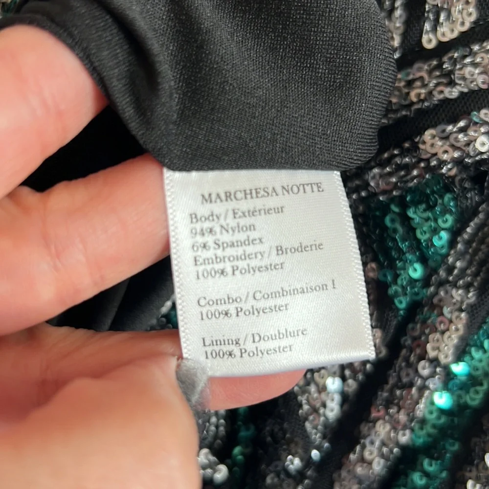 Marchesa Notte Sequin Lace Black Green Silver Dress - Picture 5 of 7